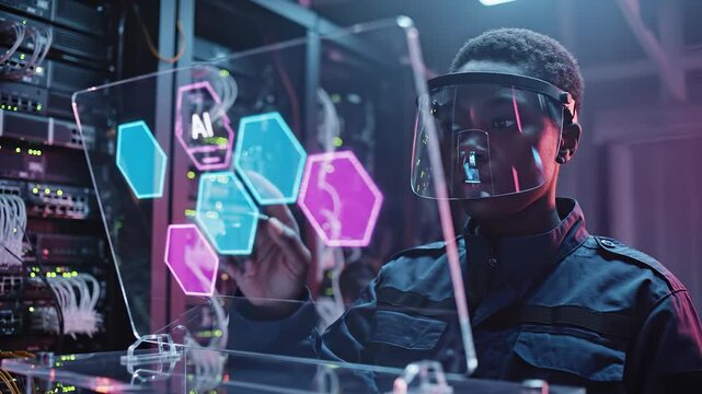 Man engineer touches holographic AI interface with AR visor. Engineer works with AI hexagon display in server room. Man uses AR visor touching AI hologram. Server datacenter with AI interface.