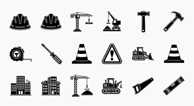 Set of black construction industry icons including hard hats, cranes, tools, safety cones, and buildings