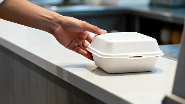 Medium shot focusing on a hand retrieving a neatly sealed prepackaged meal from a counter emphasizing sanitation and convenience in nocontact food service.