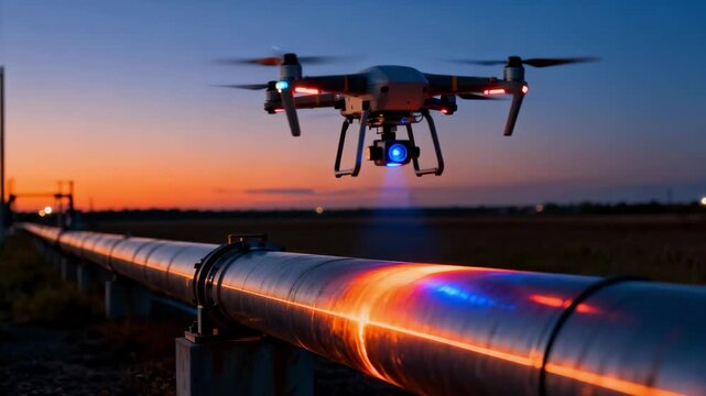 Medium shot of a drone equipped with thermal imaging sensors hovering over an oil pipeline during dusk for heat leak detection.