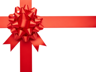 Red ribbon bow on crossed strips of satin gift wrapping material transparent background