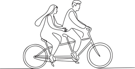 Fototapeta premium Continuous one line drawing romantic Arabic couple. Couple is riding tandem bicycle together.one line vector illustration with out background