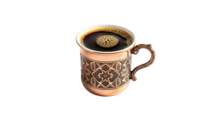 Ornate copper mug filled with dark coffee and foam on black background image, Isolated On Png Transparent Background