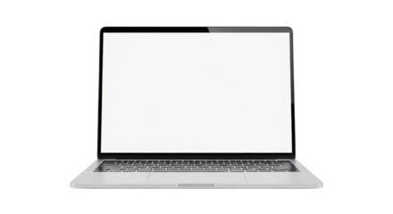 Silver laptop computer with blank white screen on black background technology device, Isolated On Png Transparent Background
