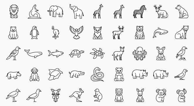 Collection of diverse animal line art icons, featuring mammals, birds, reptiles, and marine life, presented on a clean background.