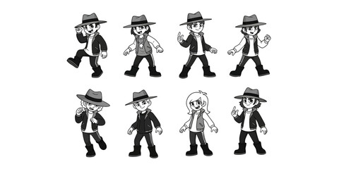 Cartoon characters in various poses with hats and outfits