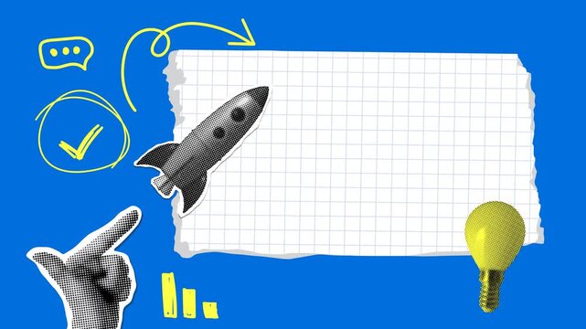 Animated banner with copyspace and business elements. Rocket launch, check mark, sales chart, arrow, and light bulb. Startup. Business background