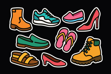 Colorful footwear collection sneakers, boots, and more in modern pop art style