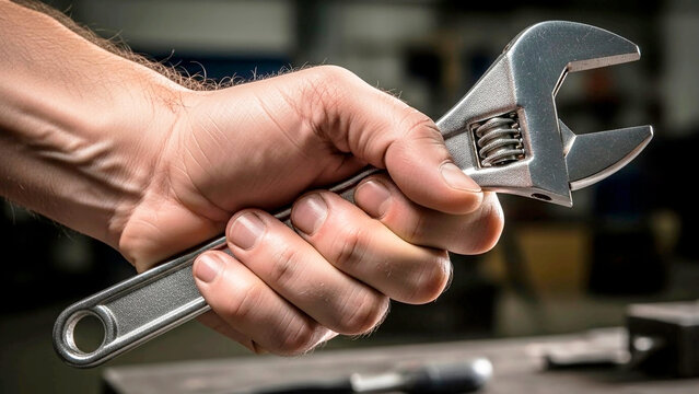 Male hand holding adjustable wrench close up, professional plumber or mechanic gripping steel spanner for repair work, industrial tool for maintenance and construction, handyman service concept - Powered by Adobe