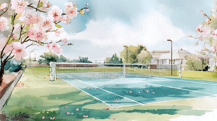 A serene watercolor scene depicting a tennis court framed by blossoming trees, set against a clear blue sky and lush greenery.