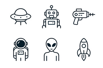 Futuristic icons set featuring aliens, spaceships, and robots in minimalist linear design