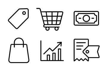 Minimalist shopping and finance icons cart, bag, price tag, chart symbols