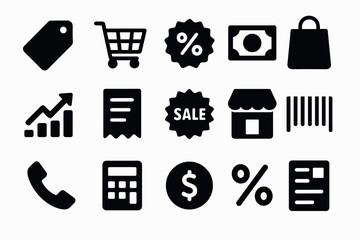 Set of black silhouette icons representing shopping and finance elements for retail design
