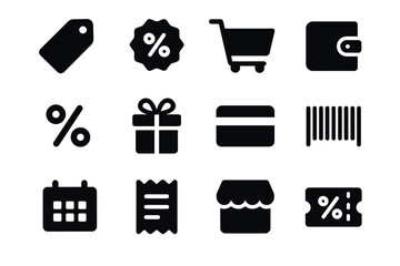 Black shopping icons set cart, gift, tag, wallet, barcode, and more for online retail