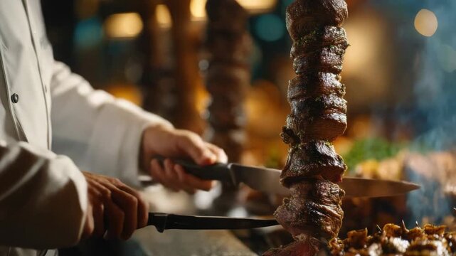 Chef carving succulent grilled meat from a vertical skewer in a restaurant setting