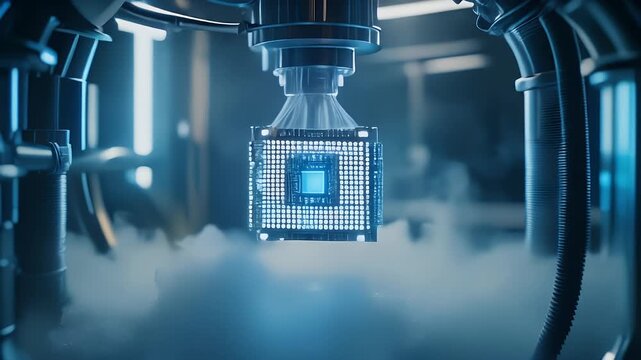 Futuristic cubic quantum processor suspended in a cryogenic chamber surrounded by swirling mist, conveying cold, cutting-edge technology.
