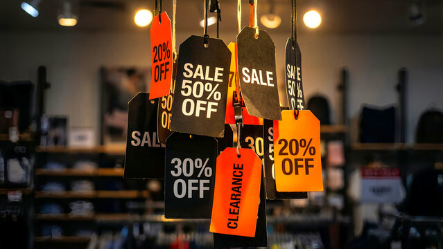 Assortment of hanging retail sale tags displaying various discounts like fifty percent off, thirty percent off, and clearance notices in a dimly lit store environment