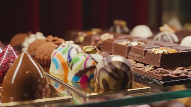 Close up of assorted artisan chocolates on display with varying textures and colors