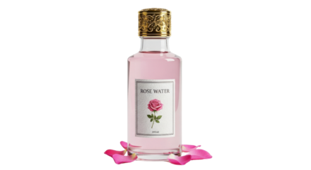 Clear glass bottle of pink rose water with ornate gold cap and rose petals liquid, Isolated On Png Transparent Background