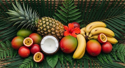 Vibrant tropical fruit assortment with lush greenery and a hibiscus flower