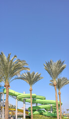 An outdoor water park with palm trees and blue sky, Egypt.