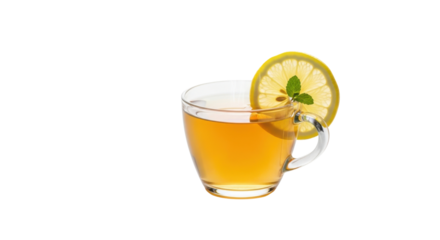 Clear glass cup of amber tea with lemon slice and mint leaf drink beverage, Isolated On Png Transparent Background