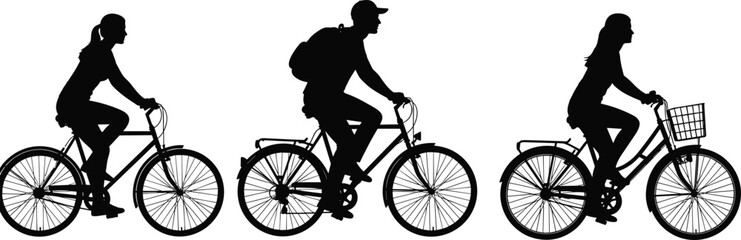 Obraz premium People riding bicycles silhouettes men and women cycling urban transport eco friendly lifestyle motion black isolated illustration set