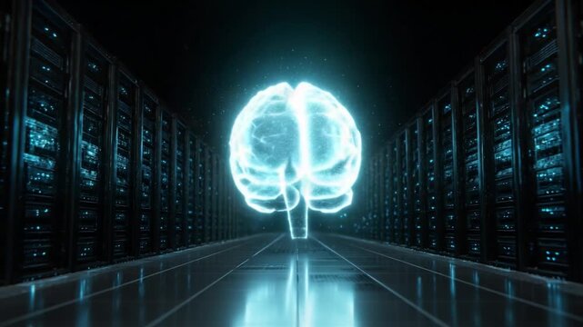 Digital Brain: An ethereal digital brain glows vibrantly amidst rows of server racks, symbolizing the cutting-edge fusion of intelligence and technology.