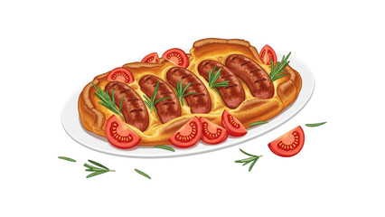 Classic british toad in the hole featuring savory sausages, fresh tomatoes, and aromatic rosemary isolated on transparent background