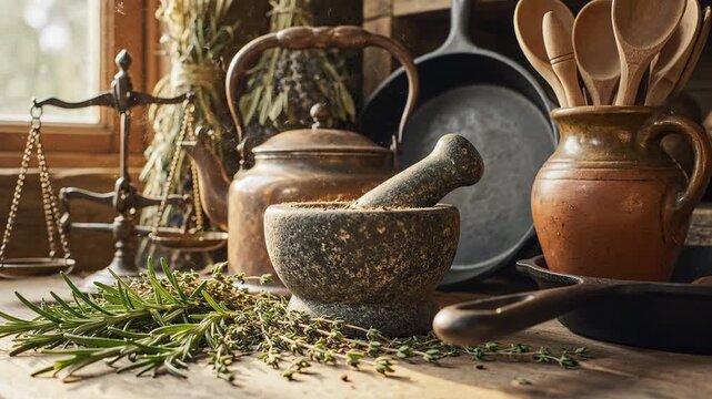 Rustic kitchen utensils herbs and spices on wooden table