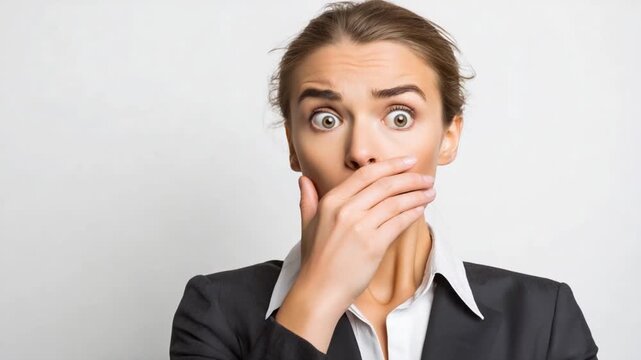 Shock and Secrecy: A businesswoman gasps in disbelief, hand covering her mouth, conveying surprise and discretion. Capturing the untold tale in business world.