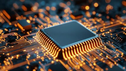 Microchip in Circuit: A close-up view of a microchip at the heart of the digital world, its intricate circuits illuminated with vibrant light, showcasing the innovation and progress in technology. - Powered by Adobe