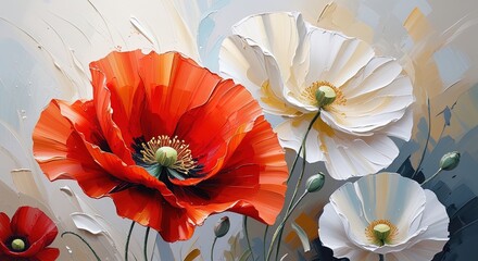 Bold red poppy, soft white petals. Impasto, textured. Abstract pastel background. Modern impressionist, elegant, dramatic, high contrast, museum-quality. Wallart, greeting card