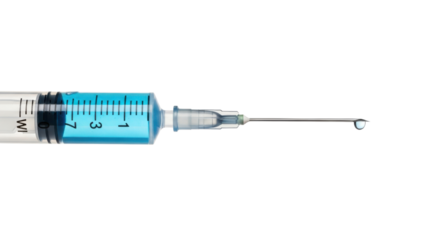 Medical syringe with blue liquid and drop on needle tip against black background image, Isolated On Png Transparent Background