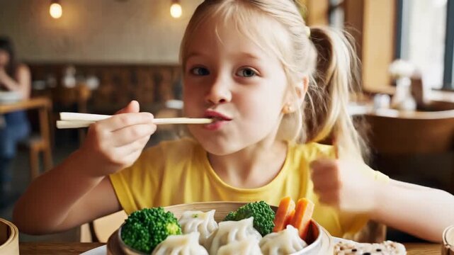 Young girl enjoying meal with chopsticks close up interior shot