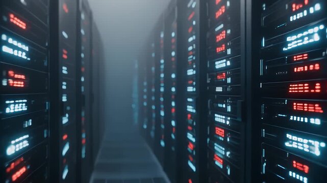 Cinematic server room hallway with flashing neon lights in a dark, high-tech data center environment.