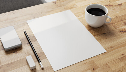 Wooden desk with blank paper, coffee, and stationery for creative work