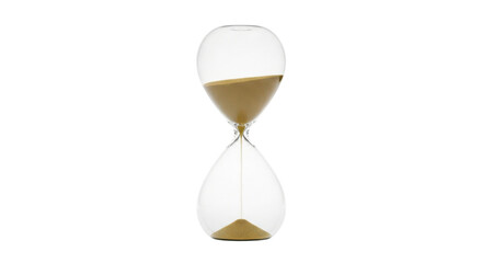 Clear glass hourglass with tan sand flowing against black background time timer, Isolated On Png Transparent Background