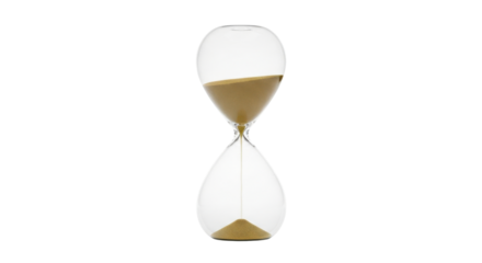 Clear glass hourglass with tan sand flowing against black background time timer, Isolated On Png Transparent Background
