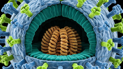 Detailed close up microscopic illustration of a segmented virus structure showing the external envelope proteins and internal helical nucleocapsid core contents revealing pathogen anatomy.