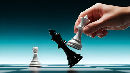A decisive moment in a strategic game of chess showing a white queen capturing the falling black king indicating ultimate victory and checkmate strategy