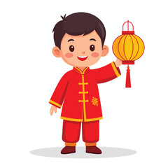 A young boy in traditional red attire holding a vibrant yellow lantern