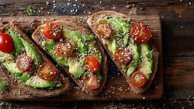 Avocado Toast Delight: A mouthwatering shot of avocado toast with ripe tomato slices and a sprinkle of sesame seeds, set on a rustic wooden board, promising a delightful culinary experience.