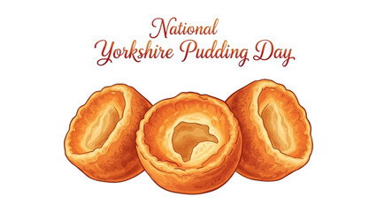 National yorkshire pudding day illustration with three golden brown savory pastries isolated on transparent background