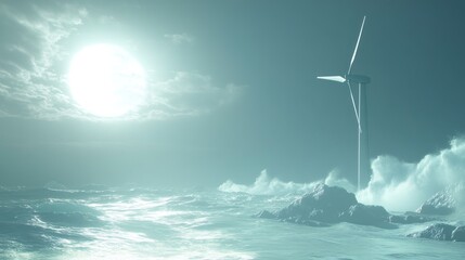 Wind turbine in icy seascape at night