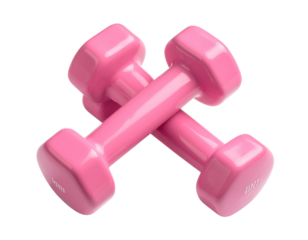 A pair of pink dumbbells lies on a white background, one dumbbell on the other, concept, isolate