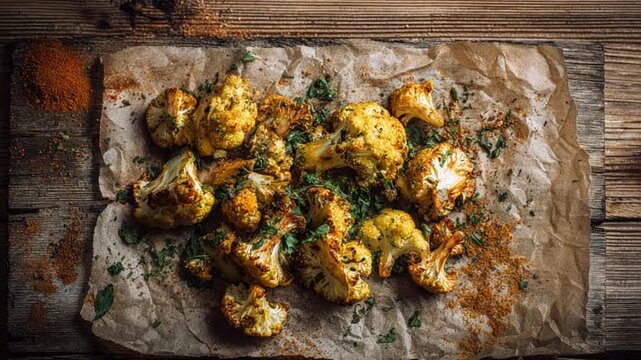 Roasted Cauliflower on Rustic Wooden Board: A delightful close-up of a rustic wooden board showcases vibrant, golden-brown roasted cauliflower florets, artfully arranged and generously seasoned.