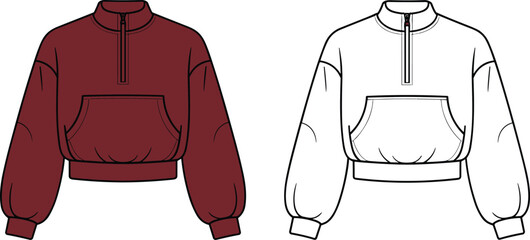 Technical vector fashion flat sketch of a cropped half zip sweatshirt with drop shoulders and kangaroo pocket for apparel design © Shafiqul