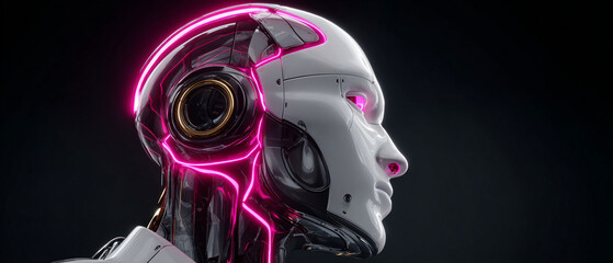 A futuristic robotic head with neon pink glowing lines and circuits on a dark background with a humanoid face and metallic body