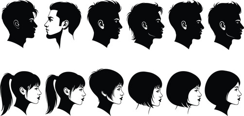 Collection of Male and Female Profile Portrait Silhouettes with Various Hairstyles Isolated on White Background for Avatar Design and Haircare Concepts © Selina